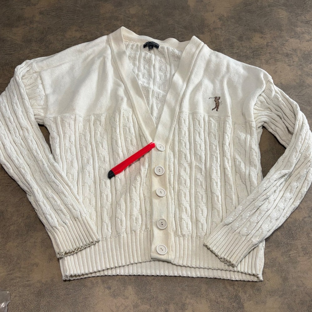 Magic Threads Cardigan Sweater Mens XL (L) Cream Cable Knit Golf Cotton USA Made